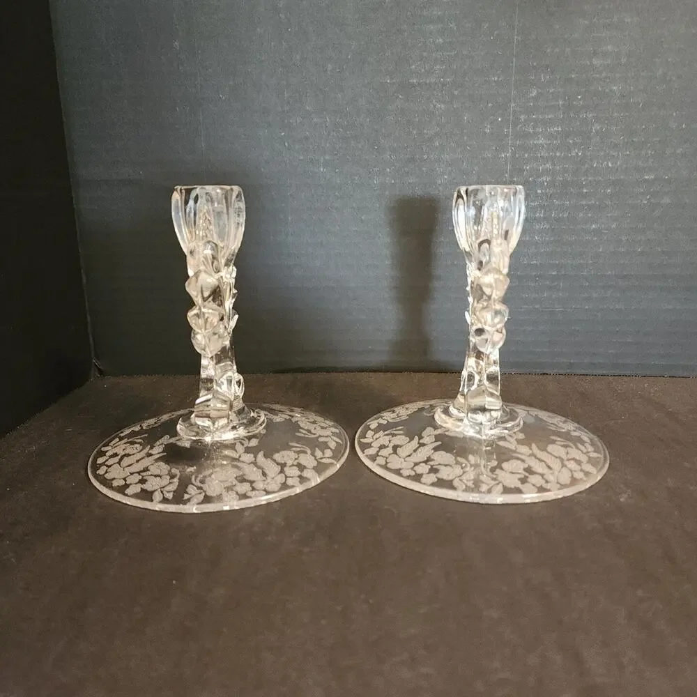 Florentine New Martinsville Pair Candlesticks Etched Elegant Depression Glass